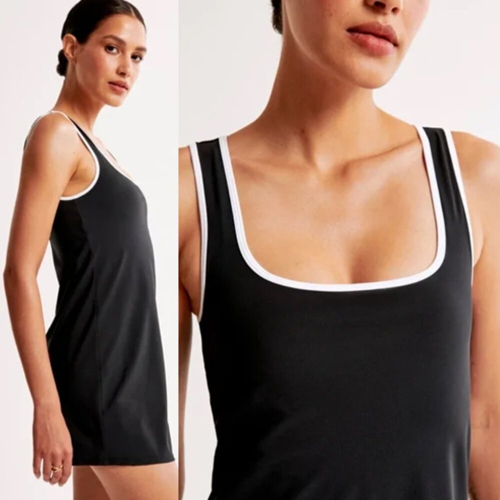 Abercrombie & Fitch Squareneck Traveler Mini Dress M Black White Trim Athleisure - Picture 2 of 16